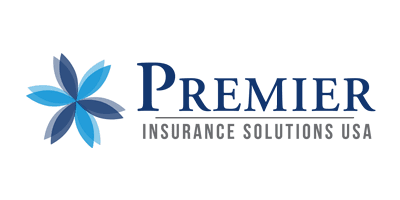 A blue and black logo for premier insurance solutions.